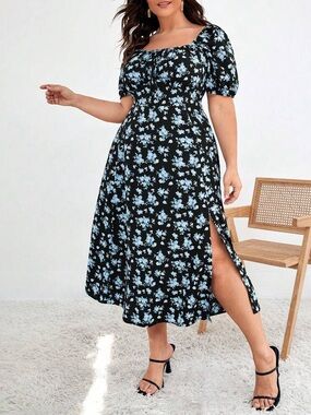 SHEIN Black Midi Dress with Light Blue Floral Print and Side Slit